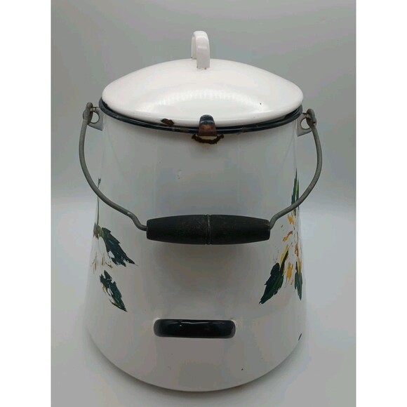 Vtg White Enamelware Cowboy Coffee Pot Chuck wagon XL Hand Painted Sunflowers - Picture 4 of 11